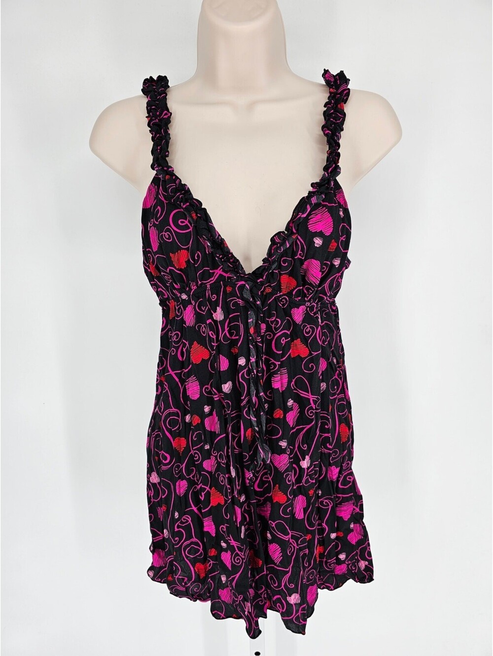 Vintage Y2K Smart & Sexy Womens Sz L Nightgown Black Bright Pink Hearts